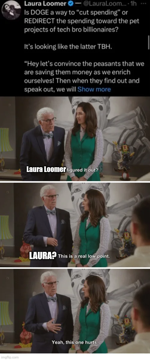 A three-panel meme using a scene from 'The Marvelous Mrs. Maisel' where a man and woman react to a comment. The top panel…