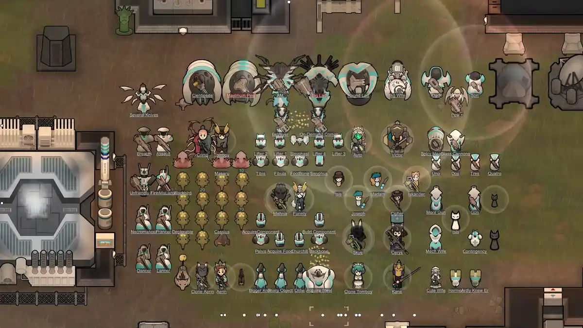 A screenshot from the game 'RimWorld' shows a large, densely packed base with dozens of player-controlled colonists and…
