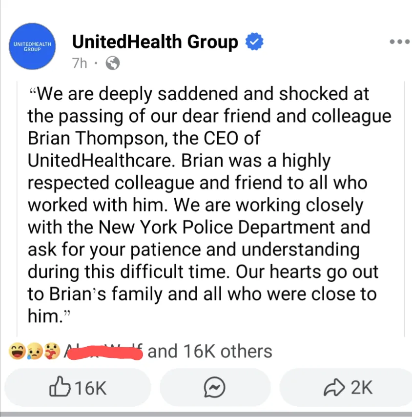 A screenshot of a UnitedHealth Group Facebook post announcing the death of Brian Thompson, CEO of UnitedHealthcare, with a…