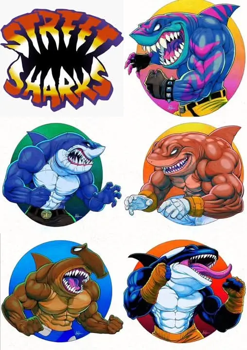 The image displays the logo for 'Street Sharks' alongside six muscular, anthropomorphic shark characters, each in a circular…