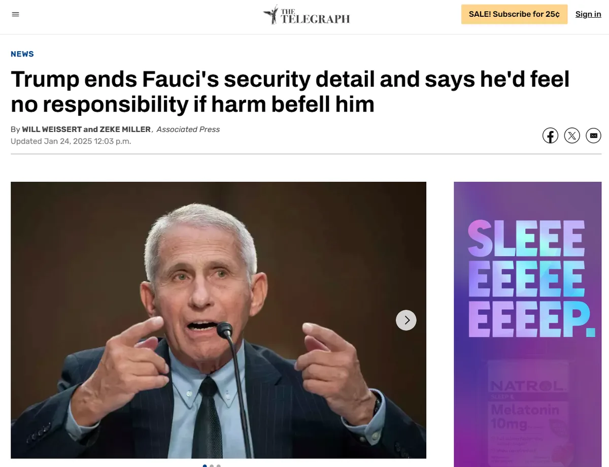 A screenshot of a news article from The Telegraph with a photo of Dr. Anthony Fauci speaking into a microphone while…