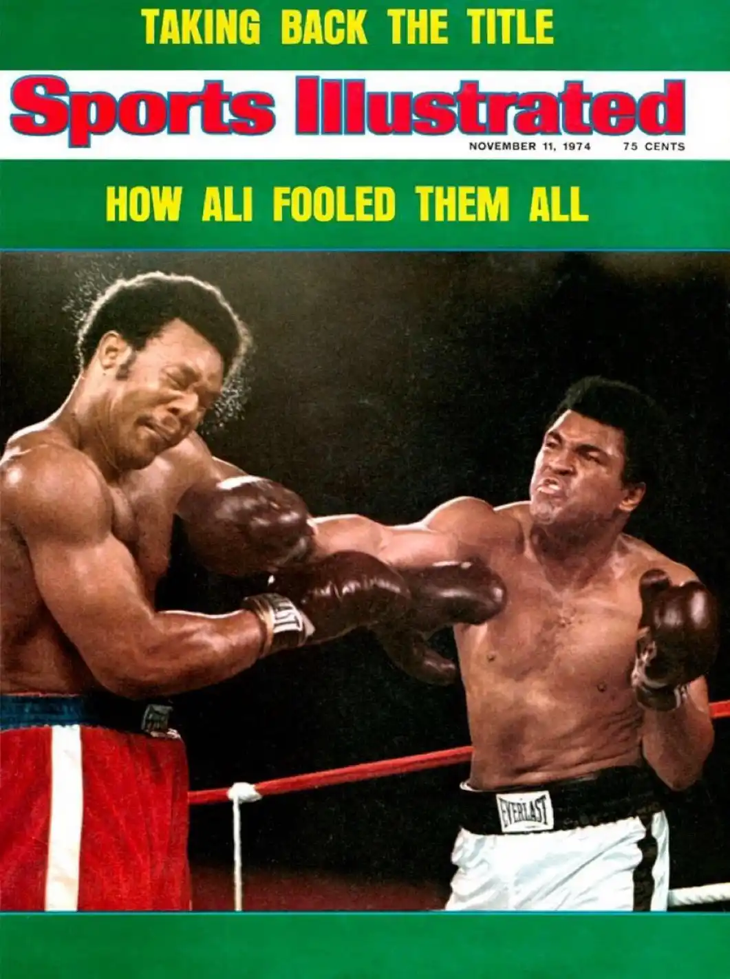 The image is a vintage Sports Illustrated magazine cover from November 11, 1974, showing two boxers in a ring. One boxer…