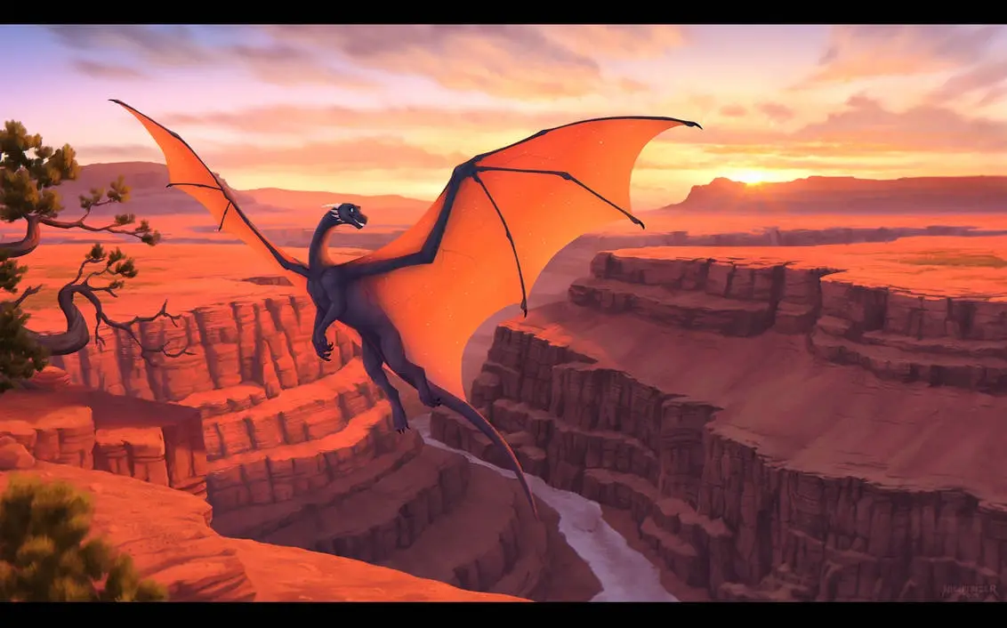 A dark blue dragon with large, translucent orange wings soars over a vast red canyon at sunset. The sky is painted with warm…