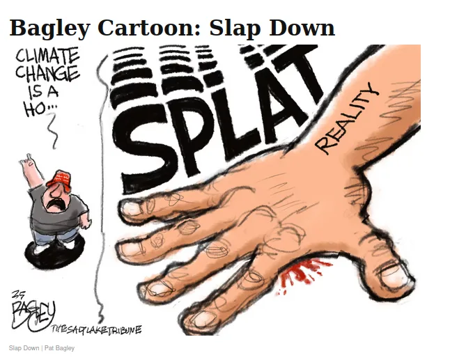 A cartoon depicts a small, angry man in a red cap yelling 'CLIMATE CHANGE IS A HO...' as he slaps a giant hand labeled…