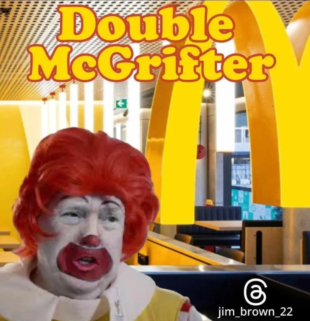 A photo of Ronald McDonald with a grimacing, angry expression is superimposed over a McDonald's restaurant interior…