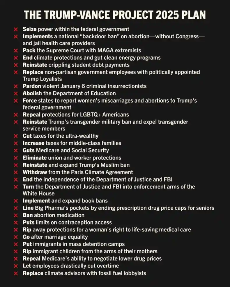 A black background image displays a list titled 'THE TRUMP-VANCE PROJECT 2025 PLAN' with numerous policy proposals, each…