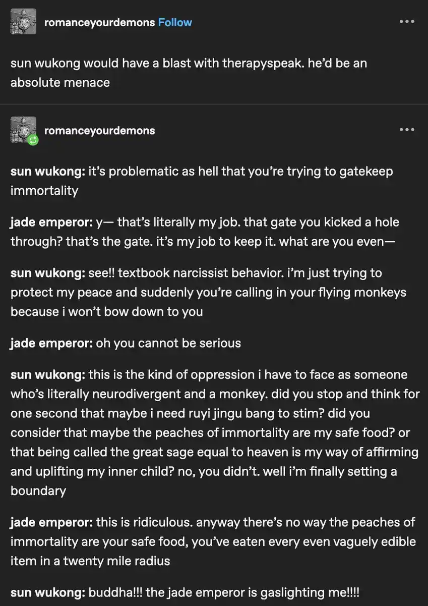 The image displays a screenshot of a social media post featuring a humorous dialogue between Sun Wukong and the Jade…