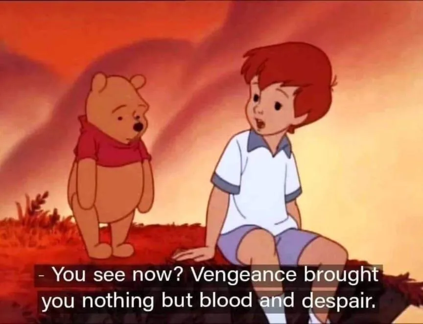 A still from the Winnie the Pooh animated series shows Winnie the Pooh and Christopher Robin sitting together against a…