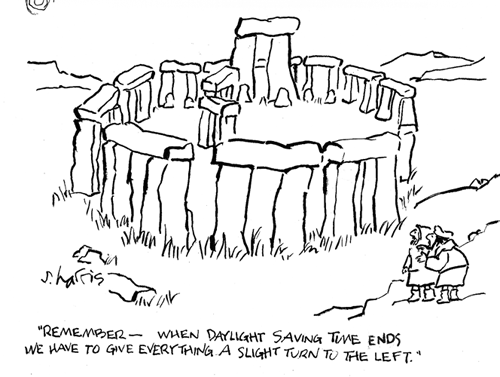 A black-and-white cartoon depicts a person in a hat and coat standing beside a stylized drawing of Stonehenge. The person…