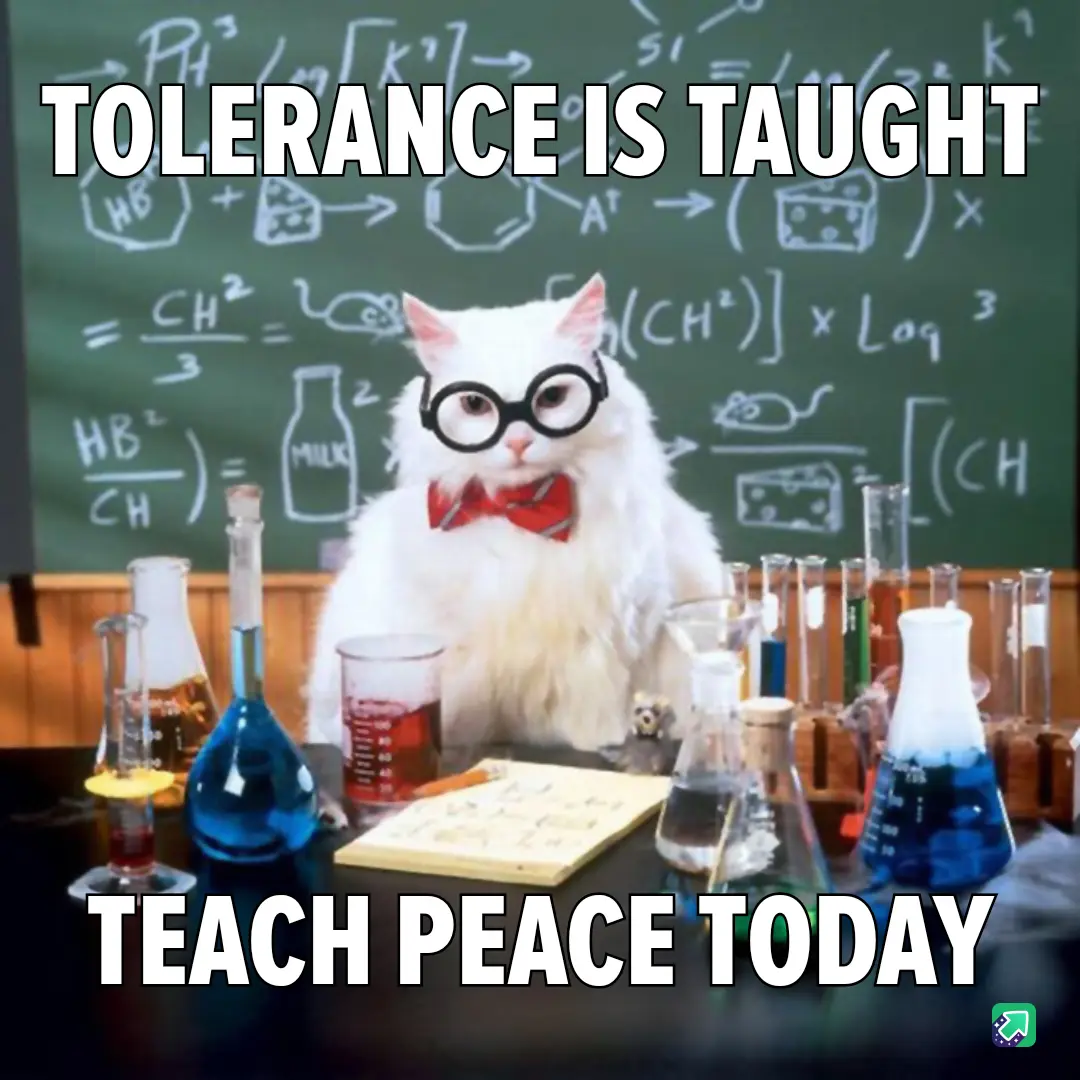 A white cat wearing large black-rimmed glasses and a red bowtie sits at a lab table surrounded by beakers and flasks filled…