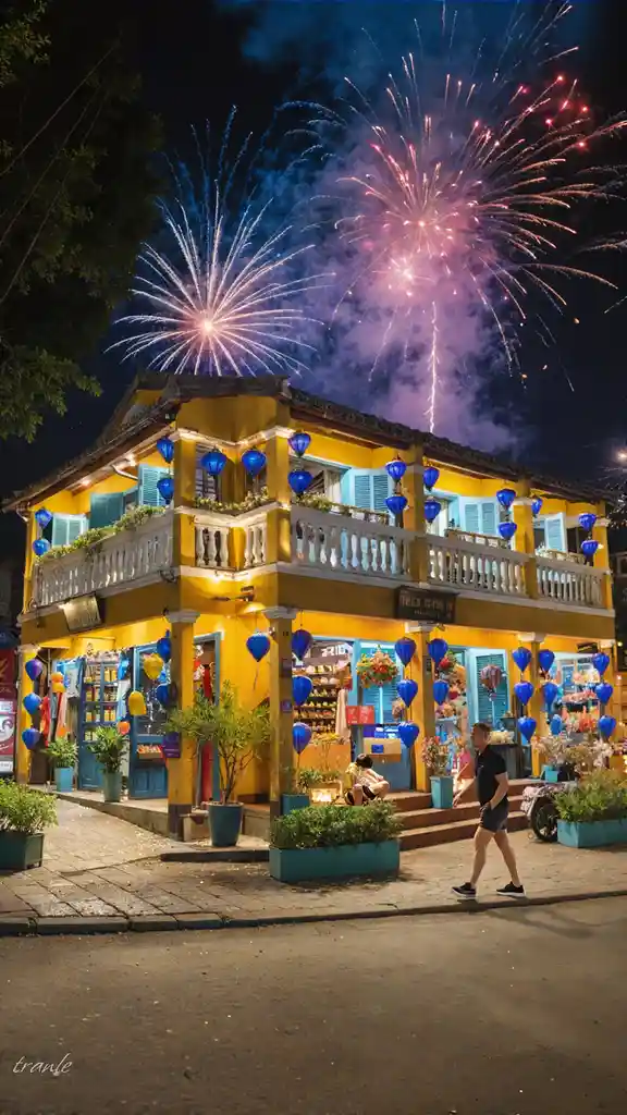 A vibrant night scene shows colorful fireworks exploding above a brightly lit yellow two-story building adorned with…