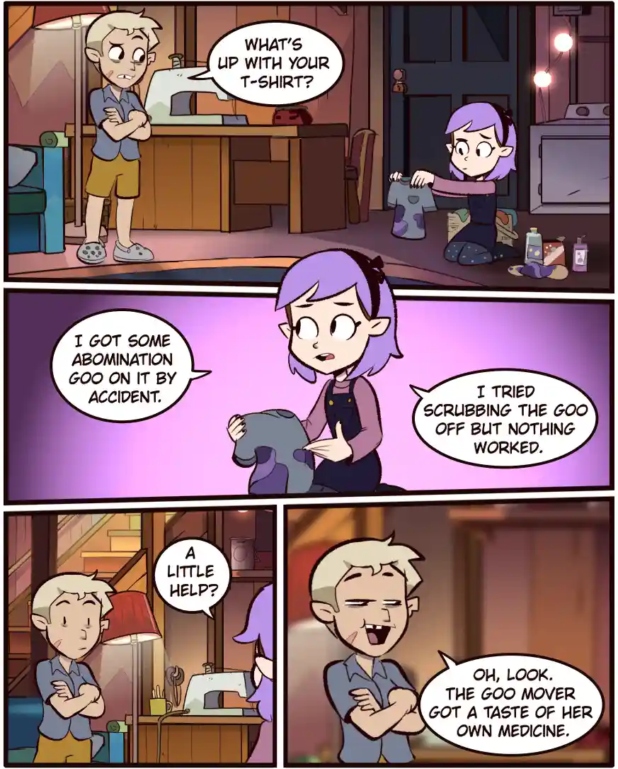 A three-panel comic strip featuring two elf-like characters. In the first panel, a male character asks a female character…