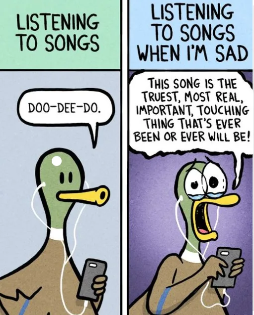 A two-panel comic featuring a cartoon duck wearing earbuds and holding a phone. In the first panel, the duck listens to…