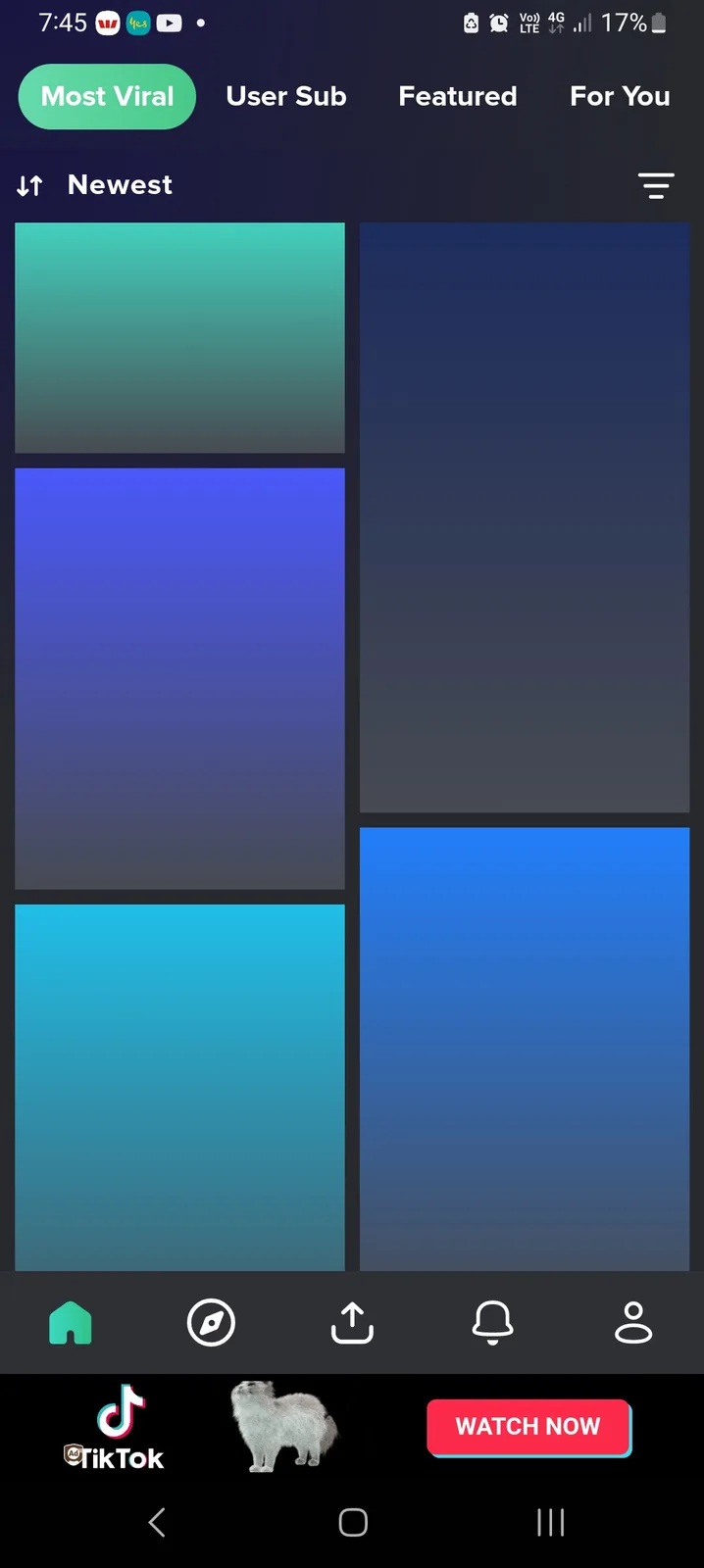 A screenshot of a mobile app interface showing a grid of gradient video thumbnails under 'Most Viral' and 'Newest' tabs…