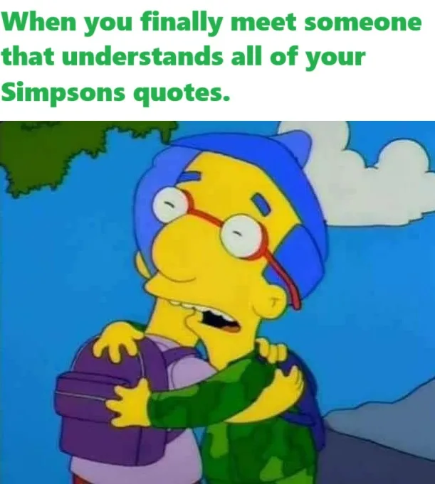 The image shows a cartoon character, Milhouse Van Houten from The Simpsons, hugging another character tightly with a joyful…