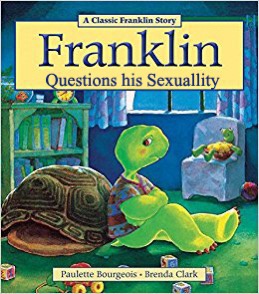 A children's book cover titled 'Franklin Questions his Sexuality' by Paulette Bourgeois and Brenda Clark, featuring a…