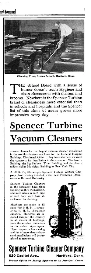 An old newspaper advertisement for Spencer Turbine Vacuum Cleaners, featuring a vintage illustration of a large industrial…