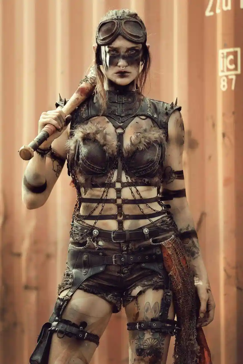 A woman in a gritty, post-apocalyptic outfit with goggles, leather straps, chains, and tattoos stands holding a baseball bat…