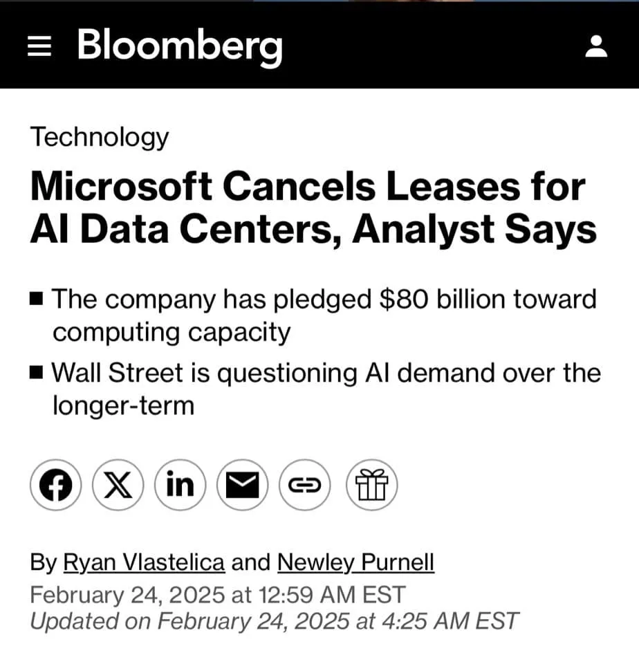 A screenshot of a Bloomberg news article with the headline 'Microsoft Cancels Leases for AI Data Centers, Analyst Says'. The…