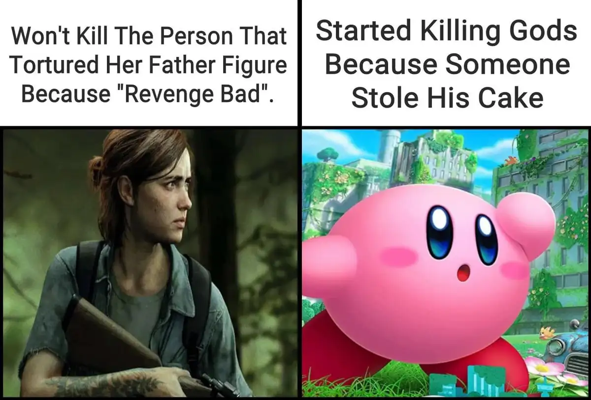 The image is a two-panel meme. The left panel shows a serious-looking woman, Ellie from The Last of Us, holding a weapon…
