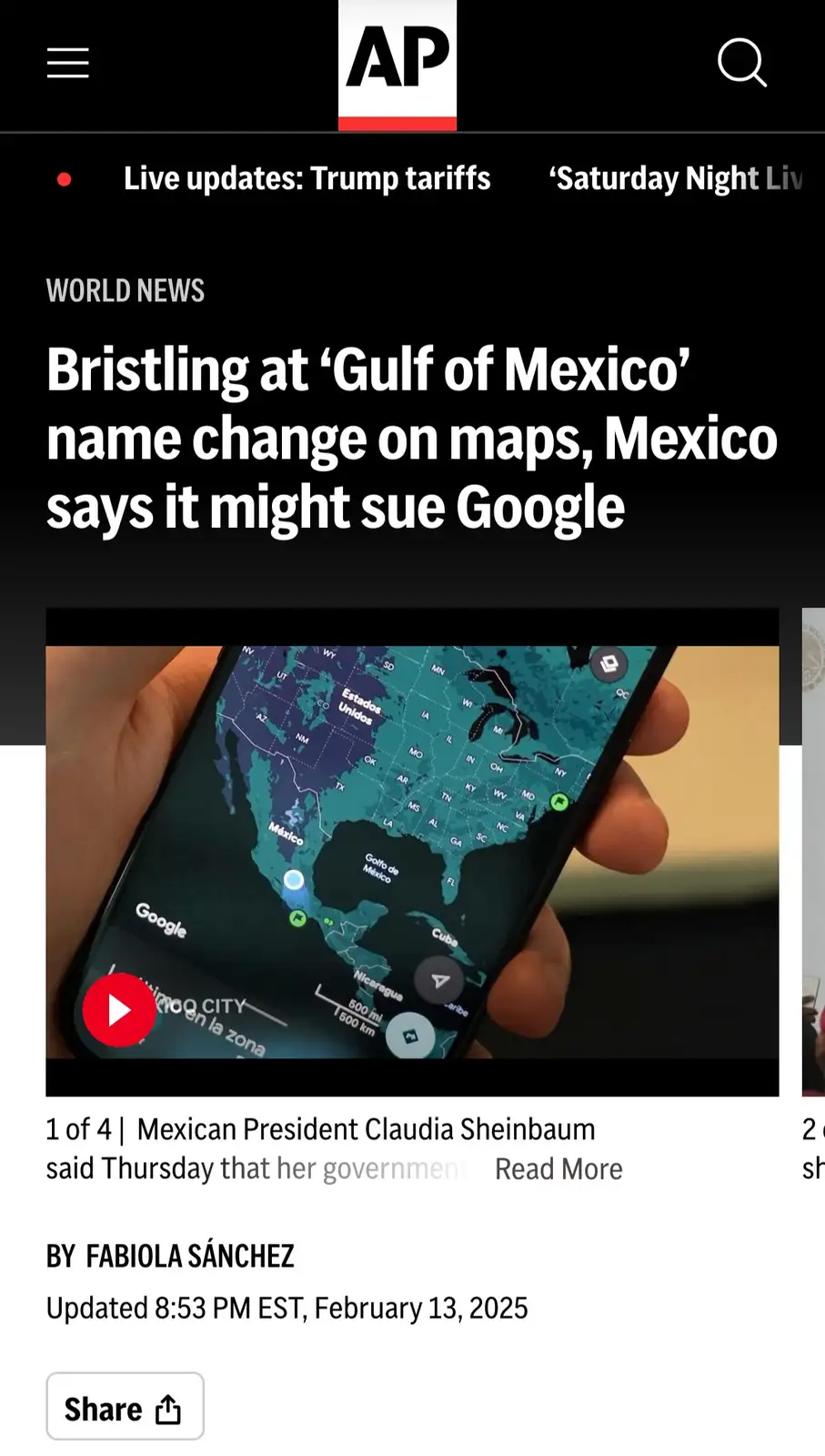 A screenshot of an Associated Press news article shows a headline about Mexico potentially suing Google over renaming the…