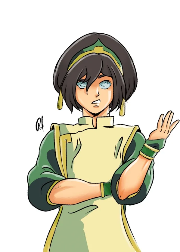 An anime-style illustration of a young woman with short dark hair, blue eyes, and a green and yellow outfit, standing with…