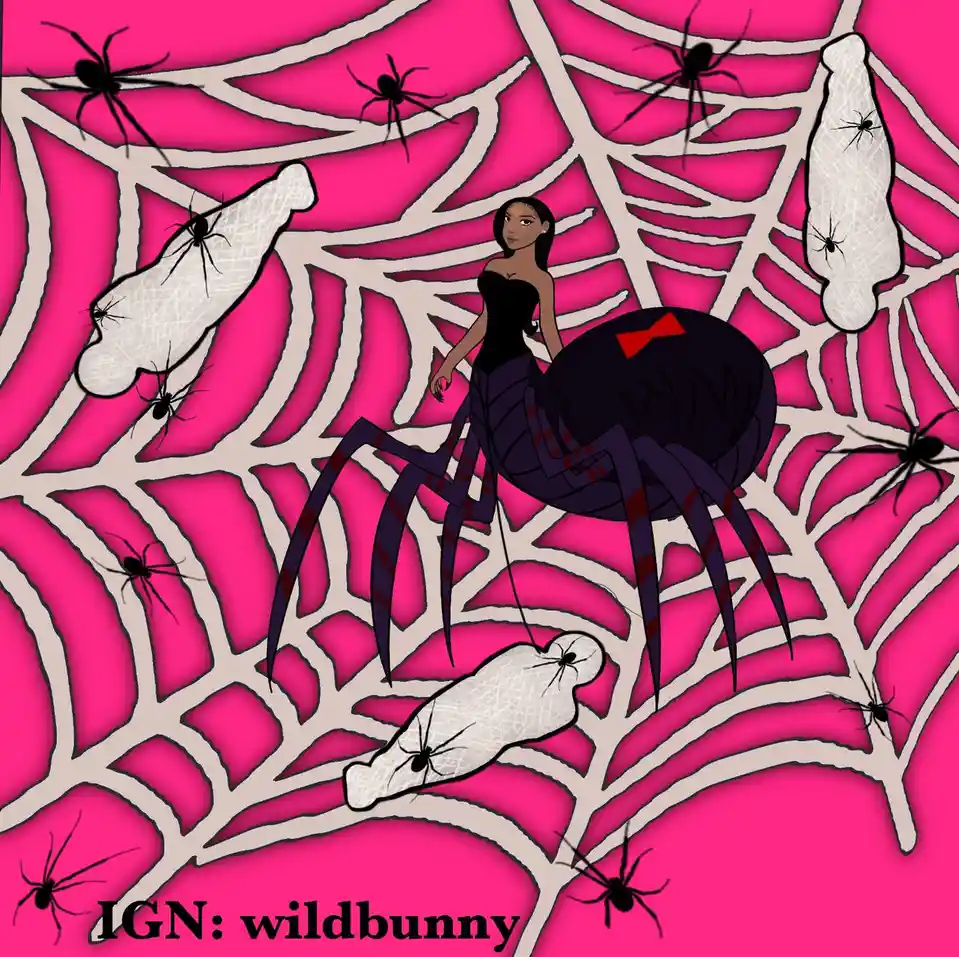 A cartoon illustration shows a woman with dark hair in a black dress sitting atop a large, dark purple spider with a red bow…
