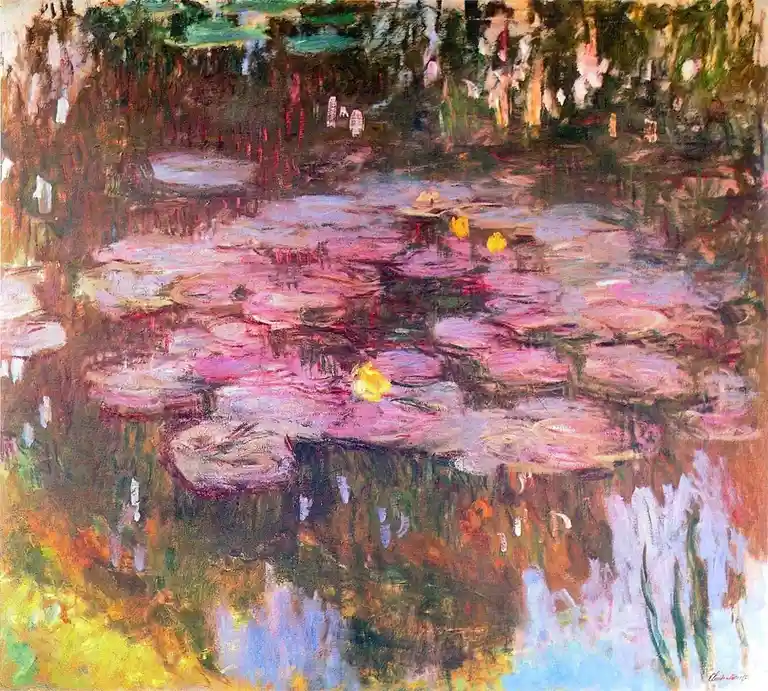 The image is a famous impressionist painting of water lilies on a pond, rendered in soft, blended brushstrokes with pink…