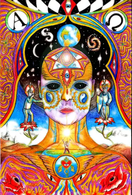 A psychedelic, colorful artwork depicts a large, ornate human face with multiple eyes, cosmic symbols, and spiritual…