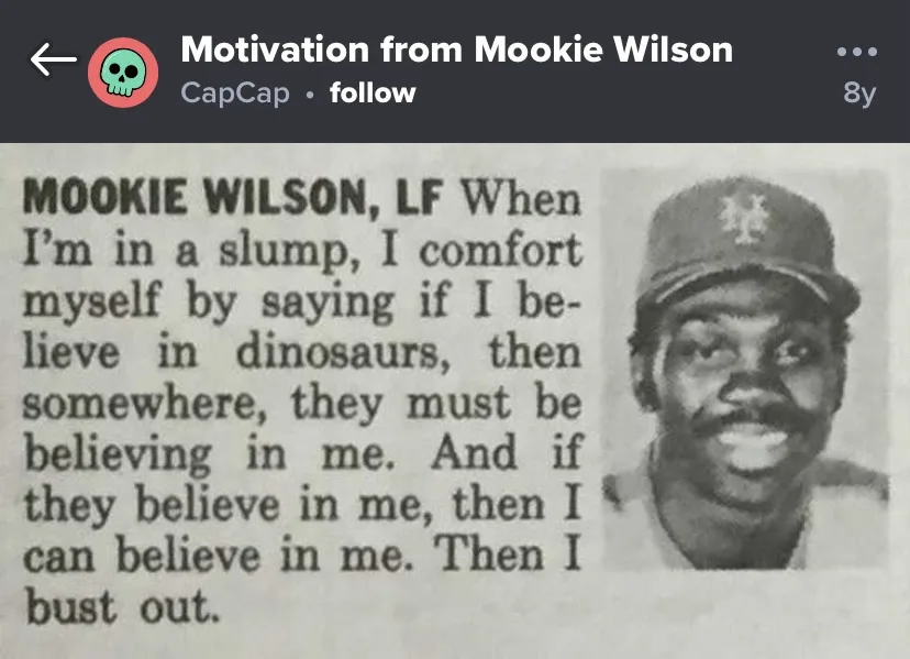 A black-and-white image shows a smiling baseball player, Mookie Wilson, wearing a New York Mets cap. To his left is a…