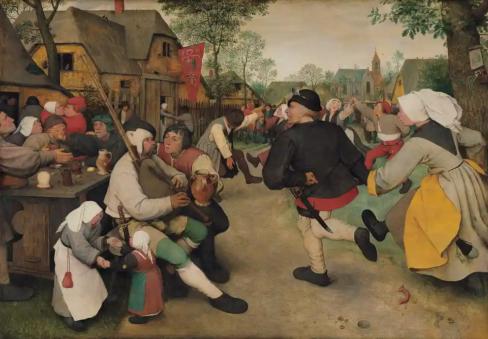 A classical painting depicts a lively 16th-century village scene with villagers dancing, drinking, and socializing around a…