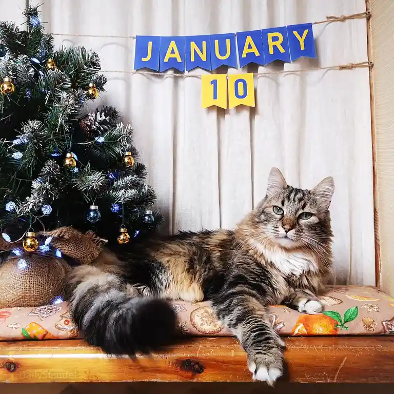 A fluffy tabby cat lounges on a wooden bench beside a decorated Christmas tree with blue lights and gold ornaments. Above…