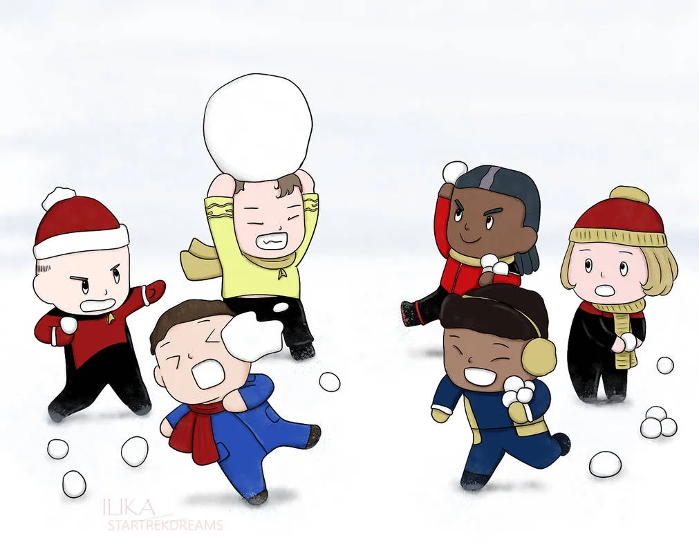 A cartoon illustration of Star Trek crew members in winter gear engaged in a snowball fight. One character in a yellow shirt…