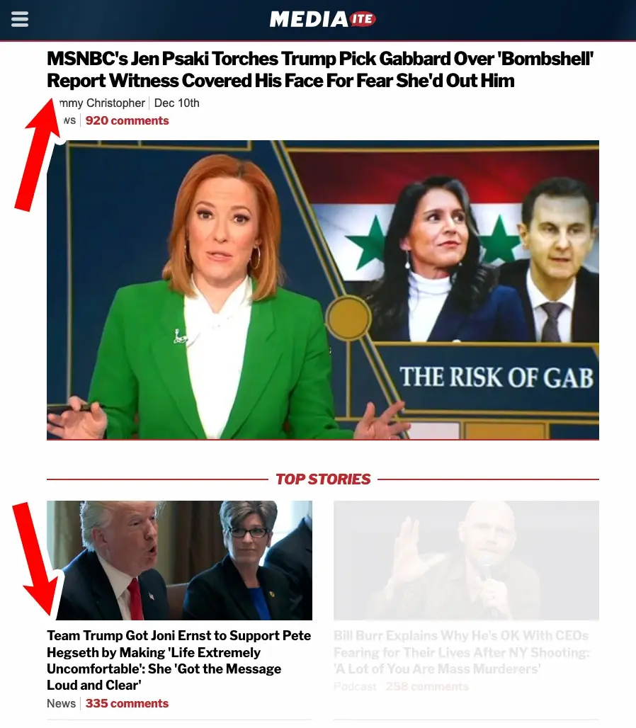 A screenshot of a 'Mediaite' article shows a headline about Jen Psaki criticizing Gabbard, with a red arrow pointing to the…
