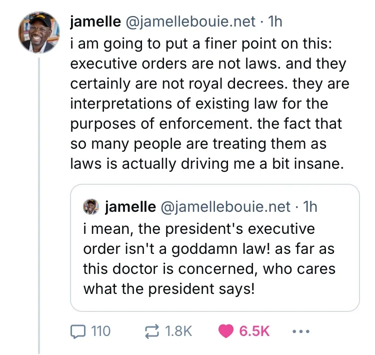 A screenshot of a Twitter thread by user jamelle @jamellebouie.net, showing two tweets. The first tweet argues that…