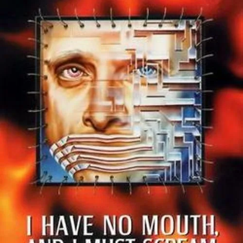 A square-framed image shows a man's face with half his face replaced by a circuit board pattern, his mouth covered by a…