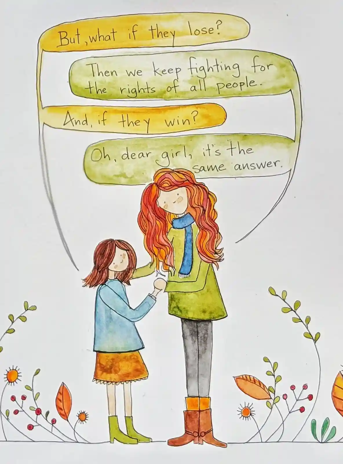 A watercolor illustration shows a young girl holding the hand of a taller woman with long red hair. They are surrounded by…
