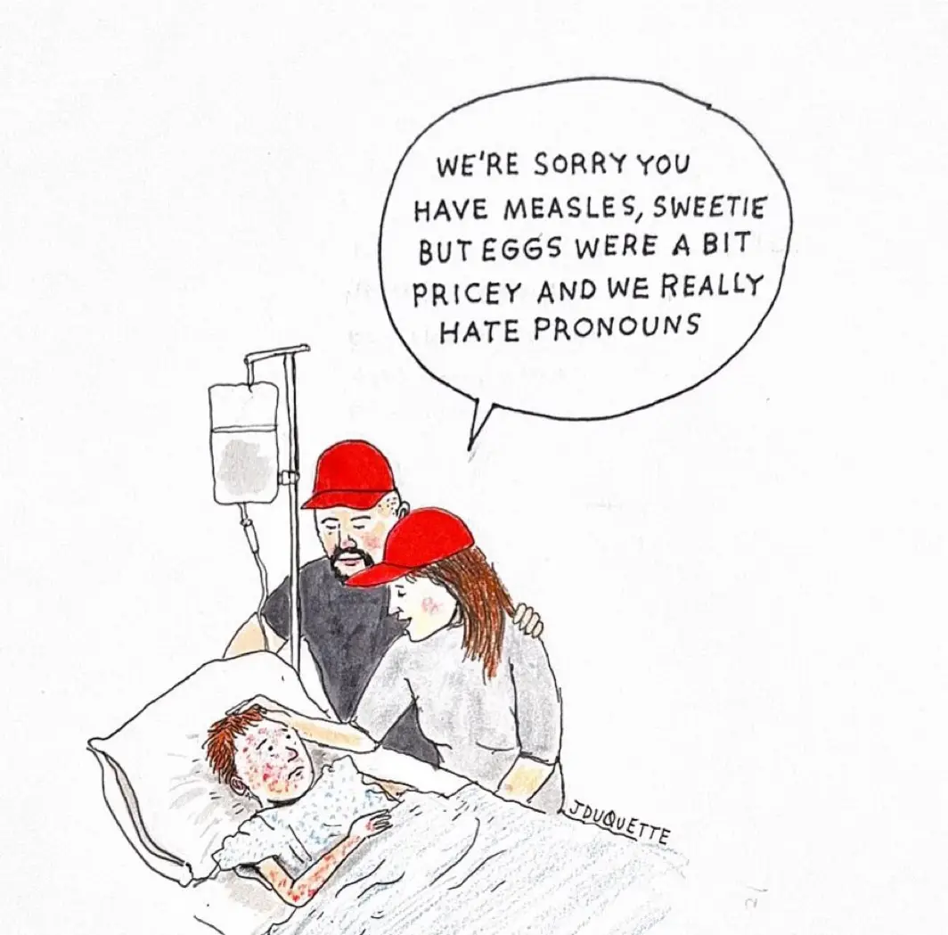 A cartoon depicts a sick child with measles lying in a hospital bed, being comforted by two adults wearing red caps. An IV…