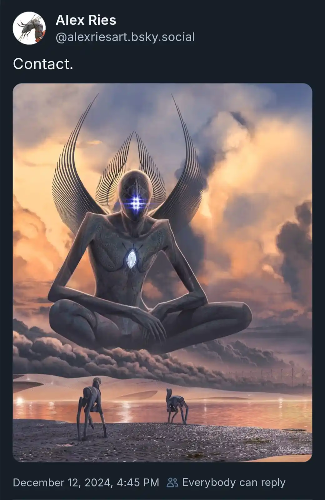 An AI-generated image shows a large, winged, humanoid alien with glowing blue eyes and a glowing chest gem, floating in a…