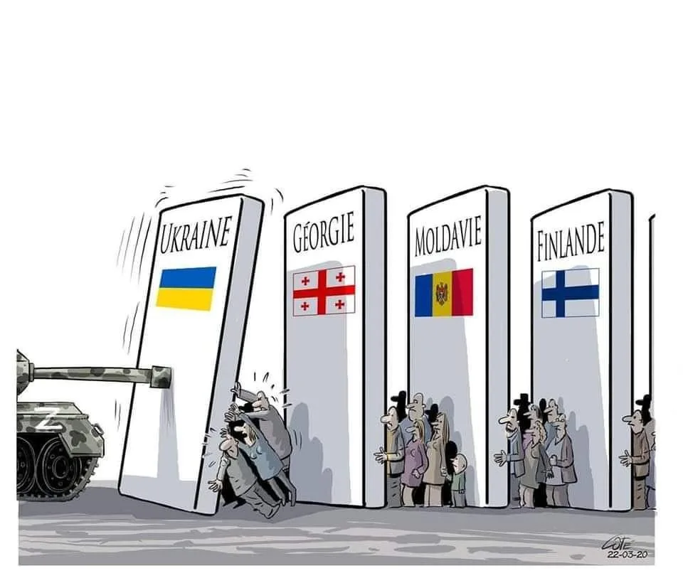 A cartoon depicts a tank pushing against a large door labeled 'UKRAINE' with its flag, while people struggle to hold it…