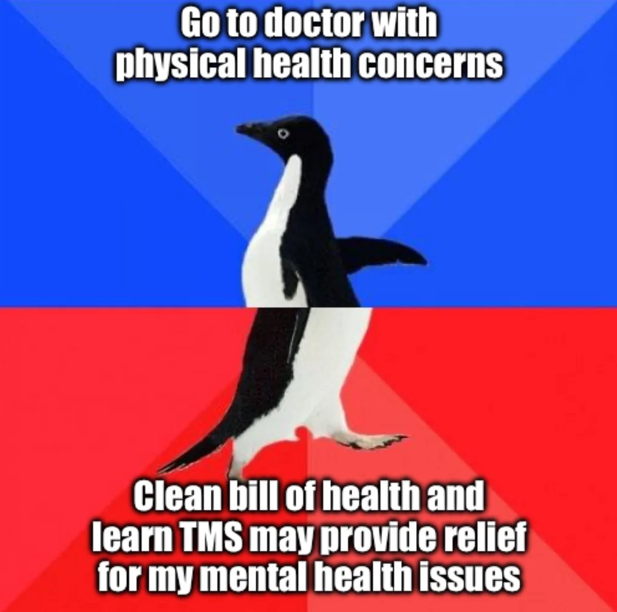 A penguin stands centered against a blue and red background, split horizontally. The top text reads 'Go to doctor with…