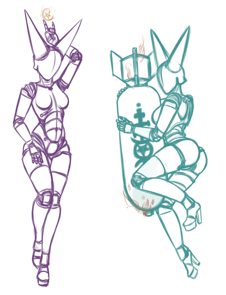 Two anime-style character sketches side by side: left shows a purple-outlined figure in a revealing outfit with a pentagram…