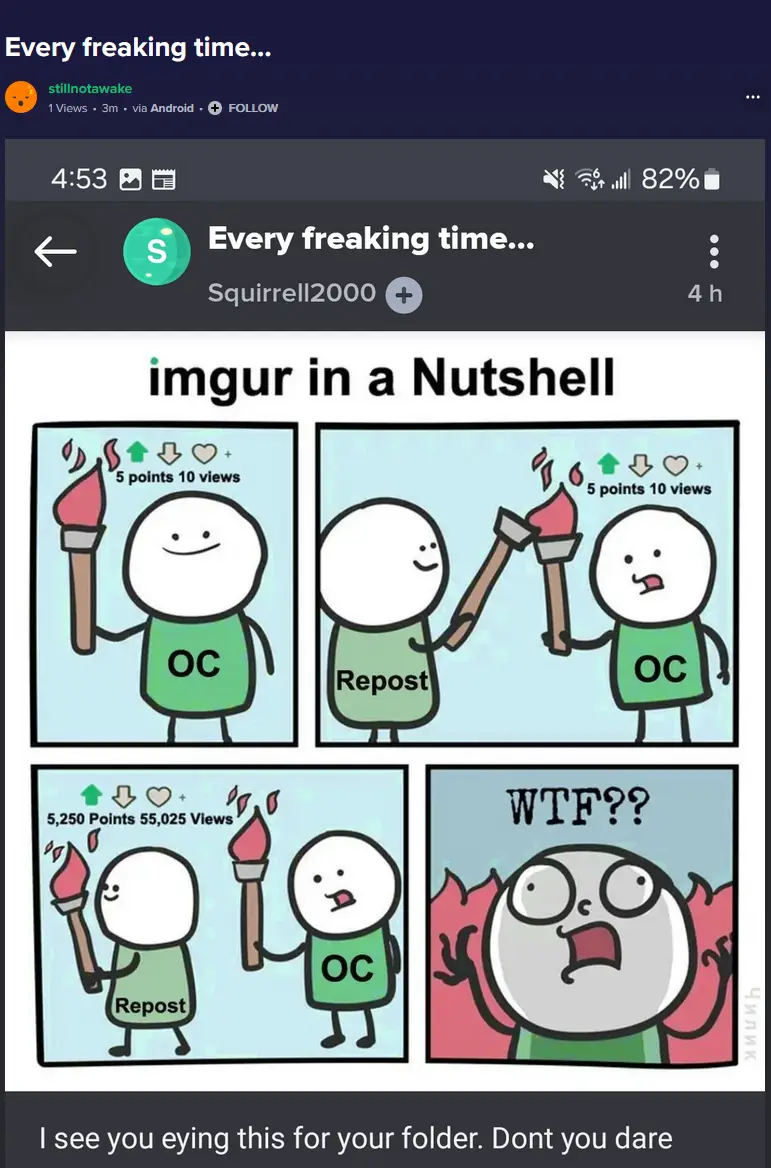 A four-panel comic titled 'imgur in a Nutshell' shows a character labeled 'OC' with a torch and low engagement stats, then a…