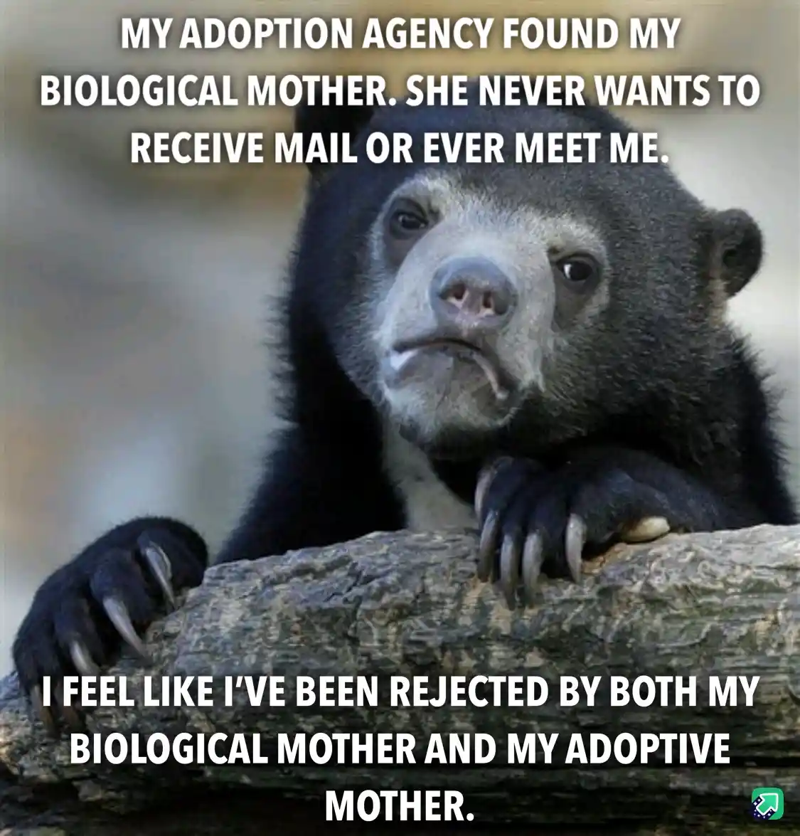 A close-up photo of a sad-looking spectacled bear resting its paws on a log, with white text overlaid in two blocks. The top…