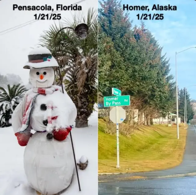 A split image shows a snowman in Pensacola, Florida, covered in snow with palm trees in the background, juxtaposed with a…