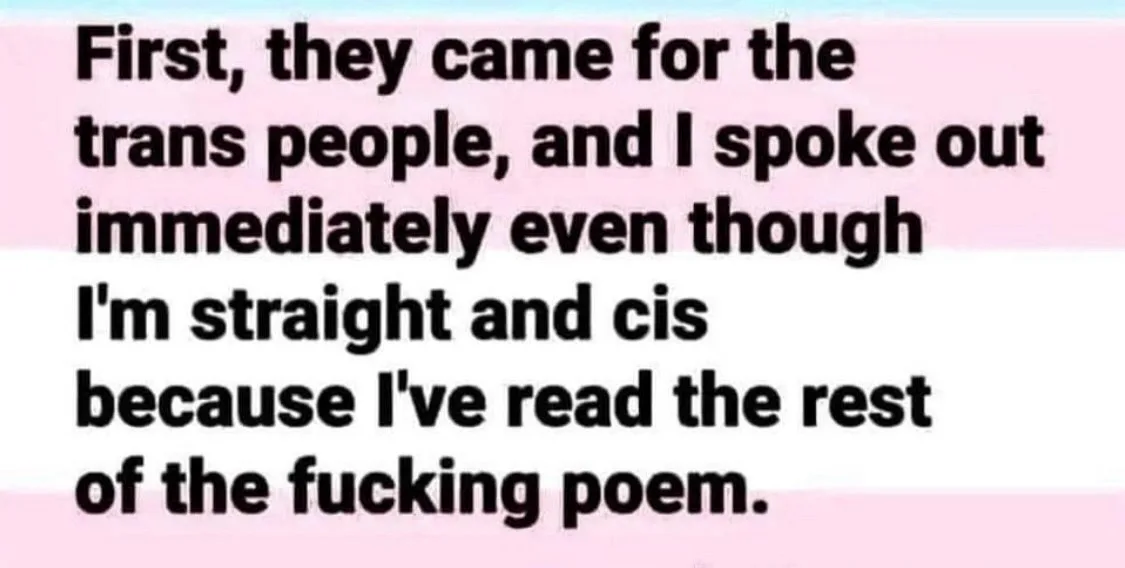 The image displays bold black text overlaid on a background of the pink, white, and light blue stripes of the transgender…