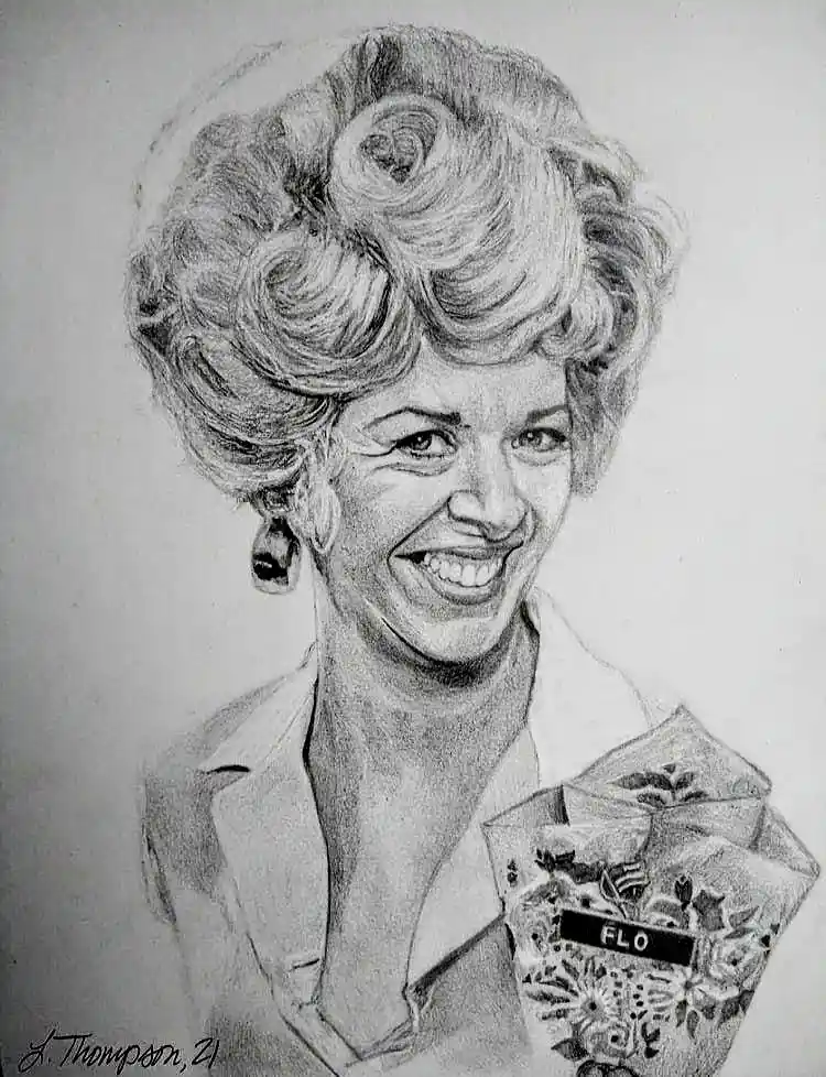 A detailed pencil sketch of a smiling woman with voluminous, styled hair and dangling earrings, wearing a collared shirt…