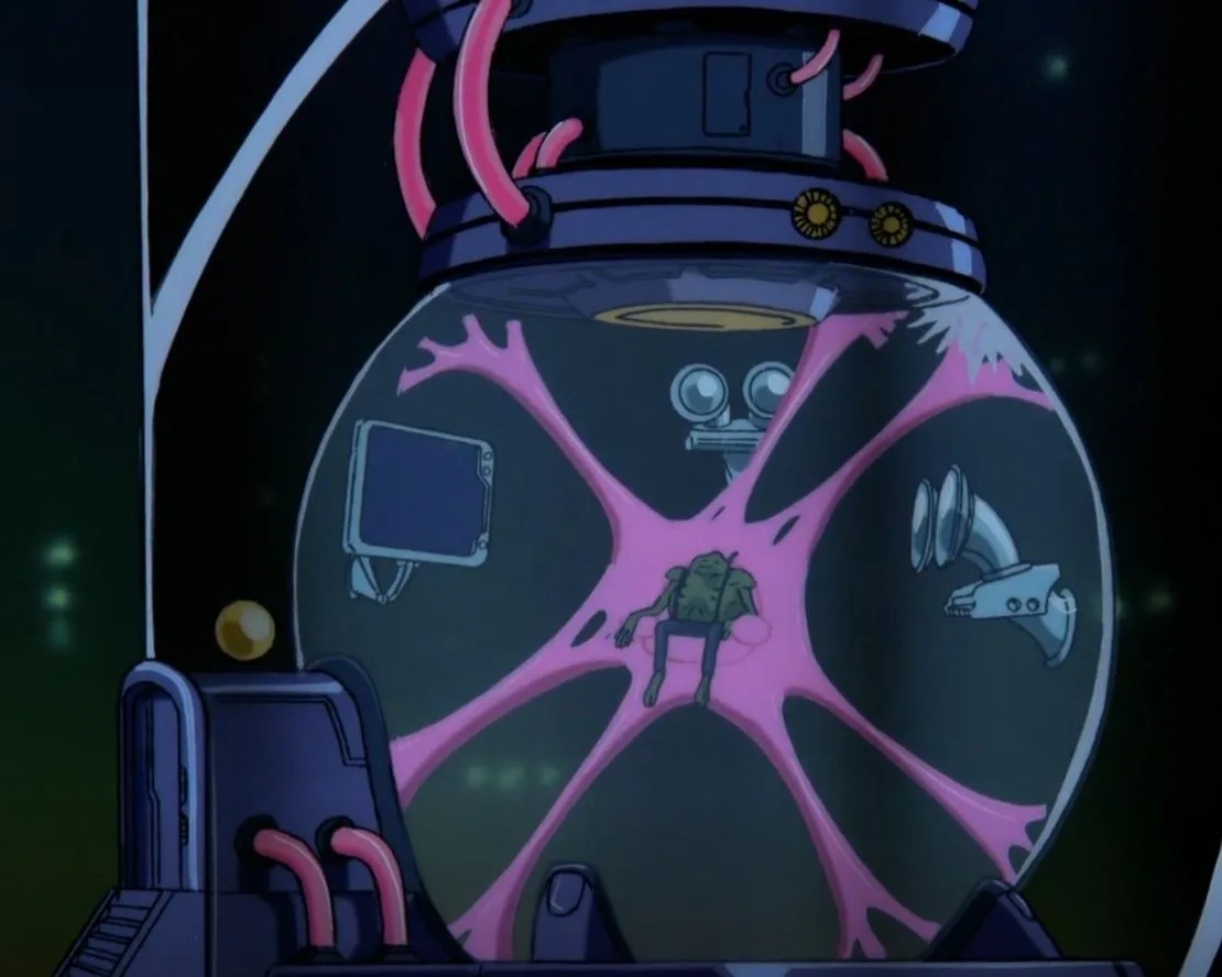 A green-skinned humanoid figure sits calmly inside a large, transparent spherical chamber filled with pink, branching…