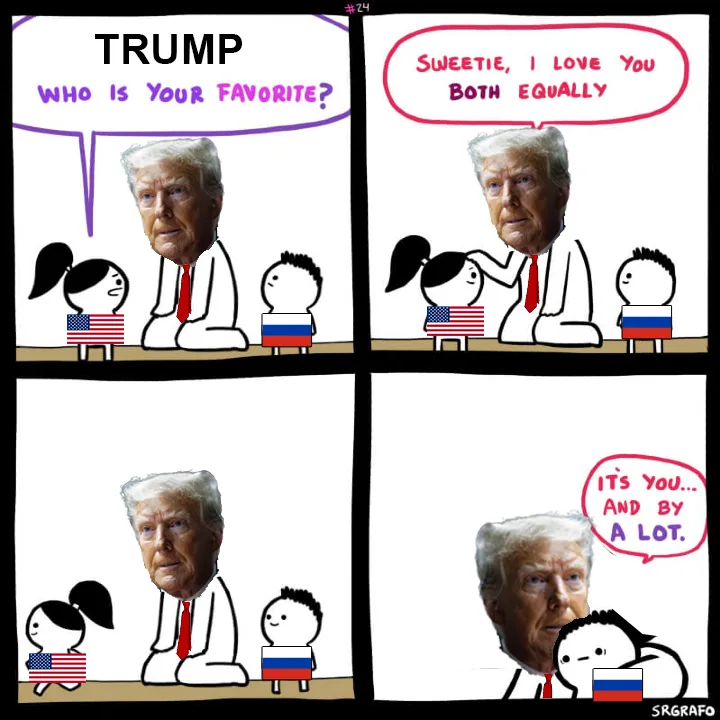 A four-panel comic strip shows Donald Trump asking two children, one with an American flag and one with a Russian flag…