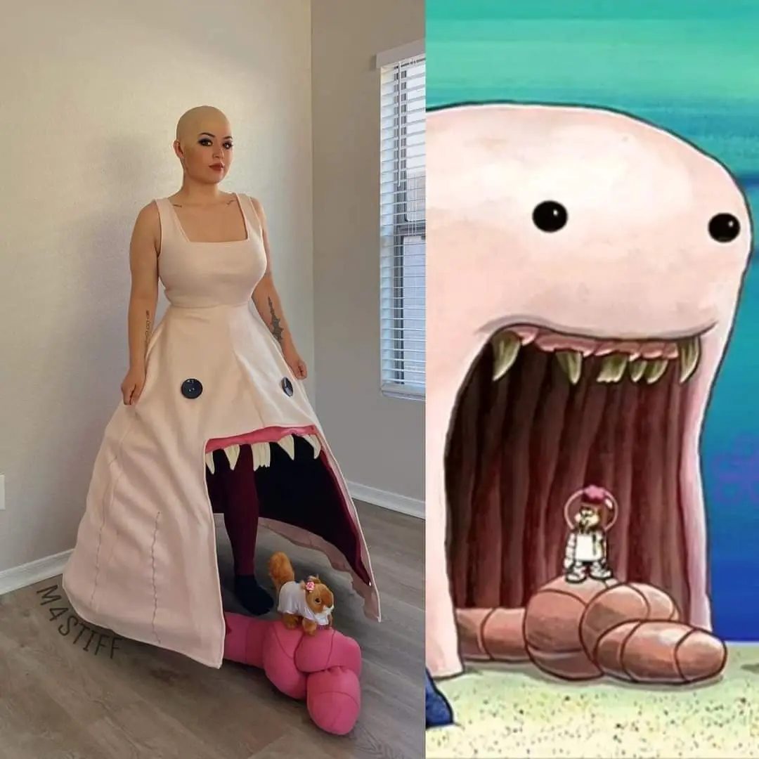 A split image shows a woman in a custom-made dress that resembles a giant, cartoonish creature with a gaping mouth, button…